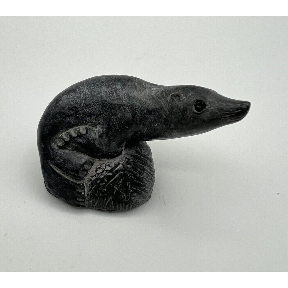 Wolf Original Vintage Seal on Rock Carved Soapstone 2” Figurine Made in Canada